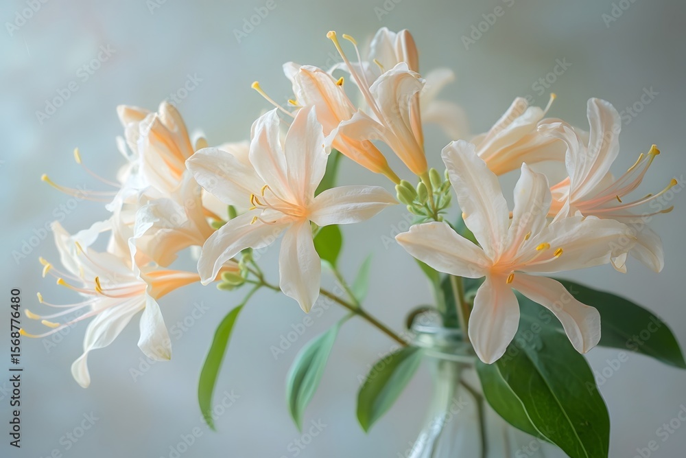 Fototapeta premium A few honeysuckle flowers are arranged in a vase, their petals delicate and light
