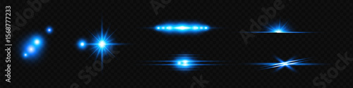 Light blue effect reflections, neon illumination in white colors. Bright light lens. Police light effects, lines. Shiny stars, glowing sparks on a black background
