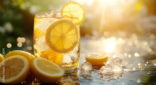 A glass of lemon soda is served in a transparent glass, with lemon slices and ice cubes floating inside