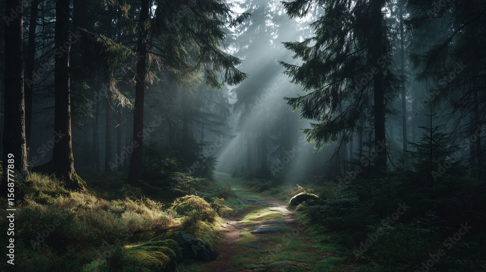 Obraz premium Sunlit Path Through a Misty Pine Forest: An atmospheric landscape of sun rays illuminating a walking trail in a foggy pine forest.