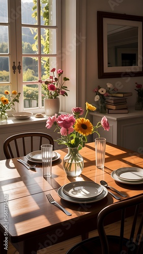 Wooden dining table with floral arrangements fresh flowers