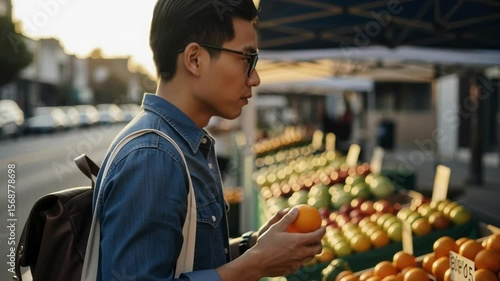 Exploring Local Farmers Market A Young Man Enjoys Fresh Produce Neighborhood Street Photography Vibrant Atmosphere Close-up View Culinary Experience