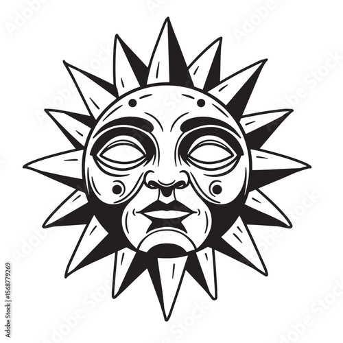 Vintage art sun face with pointed rays and expressive features in black and white design
