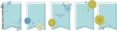 花と草木のベクターハガキテンプレート。夏カラーの植物招待状デザインテンプレート。Vector postcard template with flowers, plants and trees. Summer color plant invitation design template.