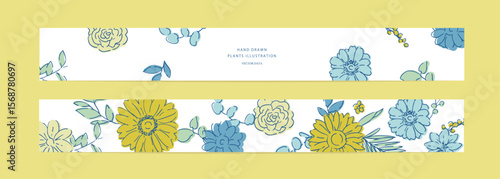 花と草木のベクターハガキテンプレート。夏カラーの植物招待状デザインテンプレート。Vector postcard template with flowers, plants and trees. Summer color plant invitation design template.