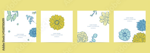 花と草木のベクターハガキテンプレート。夏カラーの植物招待状デザインテンプレート。Vector postcard template with flowers, plants and trees. Summer color plant invitation design template.