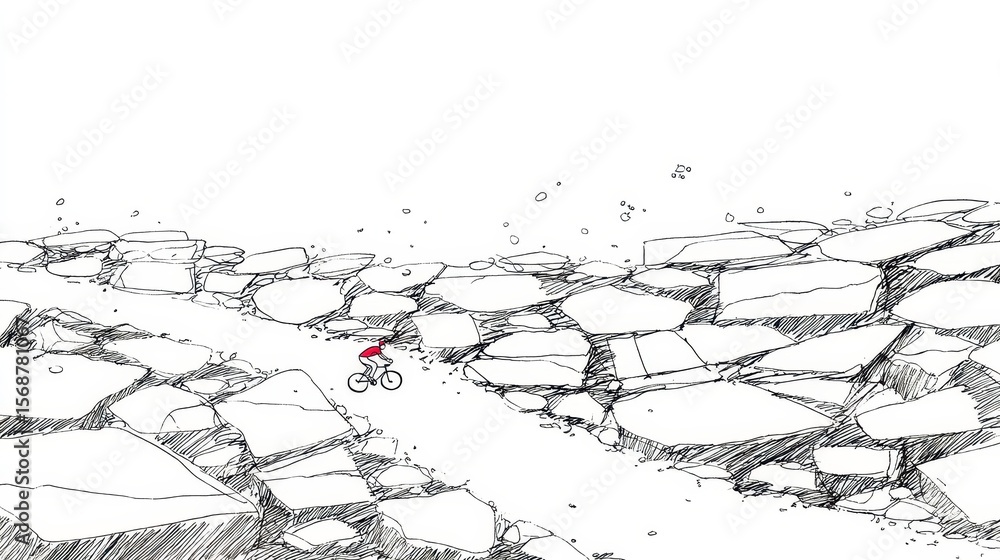 Fototapeta premium Cyclist on a path of fractured rocks.