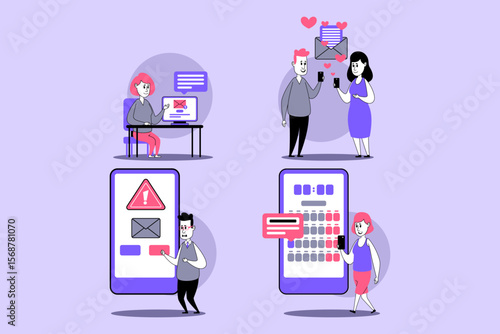 In lively digital environment, individuals engaged in various activities including messaging, sharing alerts, and planning events using smartphones and computers