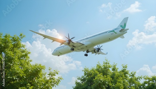 Airplane flies overhead on a bright day framed by lush green trees. Symbolizing sustainable aviation and eco-friendly transport, showcasing innovation in green and future-forward transportation soluti