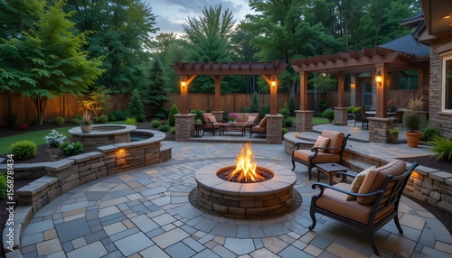 fStunning backyard hardscape featuring a stone patio, fire pit, and pergola, creating a perfect outdoor living space with natural stone accents and a cozy ambianceuu