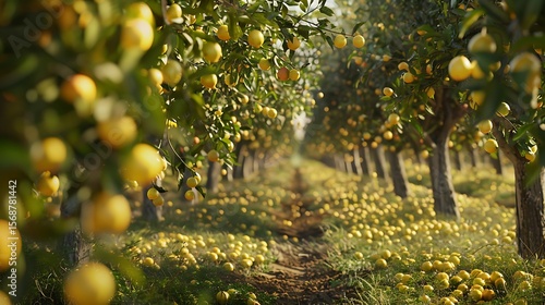 A lemon grove with rows of trees full of ripe lemons