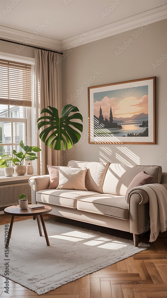 Fototapeta premium Cozy living room with sunlit sofa and artwork pillows