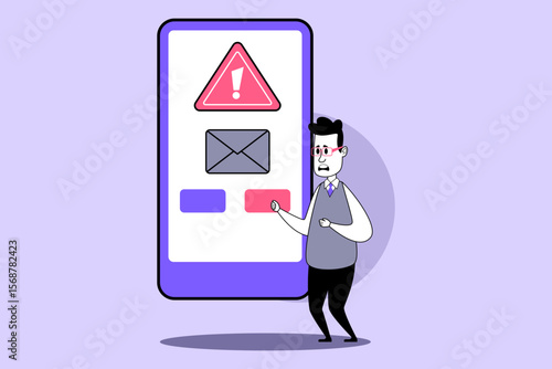Man standing in front of large smartphone displaying warning notification. Confused and uncertain man interacting with screen