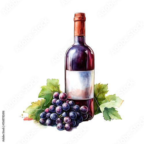 Watercolor illustration of glass bottle with red wine high quality realistic image