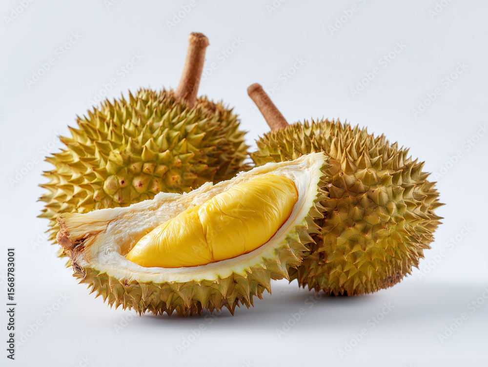 Fototapeta premium Three Durians Displayed with One Cut Open