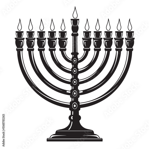 Classic black and white illustration of a menorah with lit candles traditional jewish religious symbol