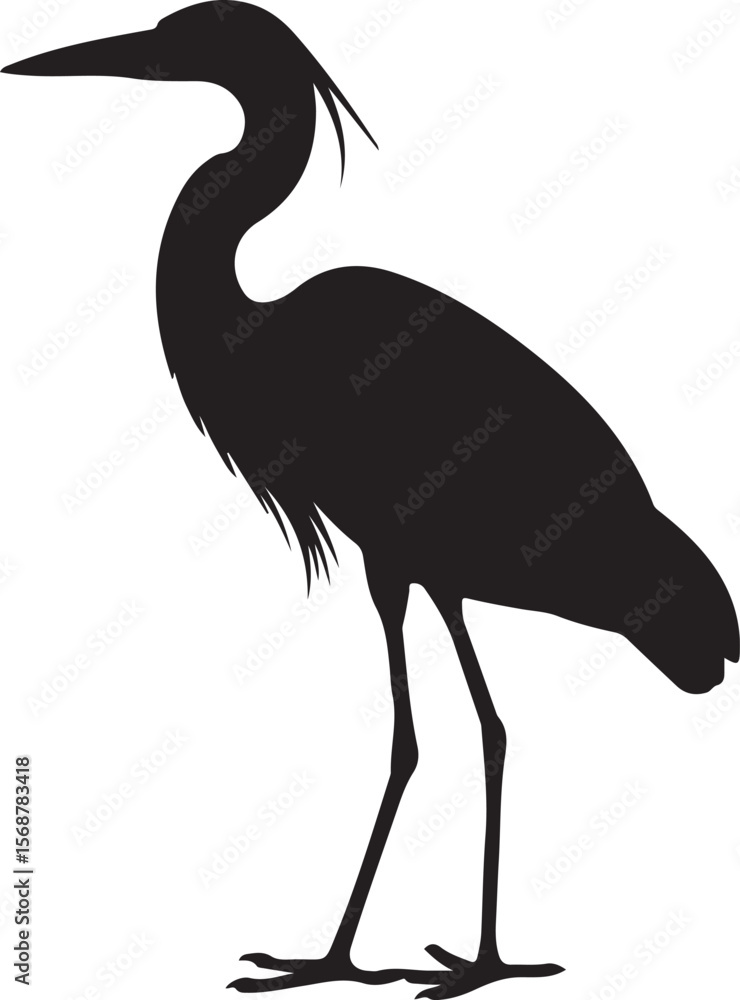 Fototapeta premium Black Silhouette Vector Illustration of a Great Blue Heron Bird Standing on White Background Simple Minimalist Design Graphic Element for Print or Web Use