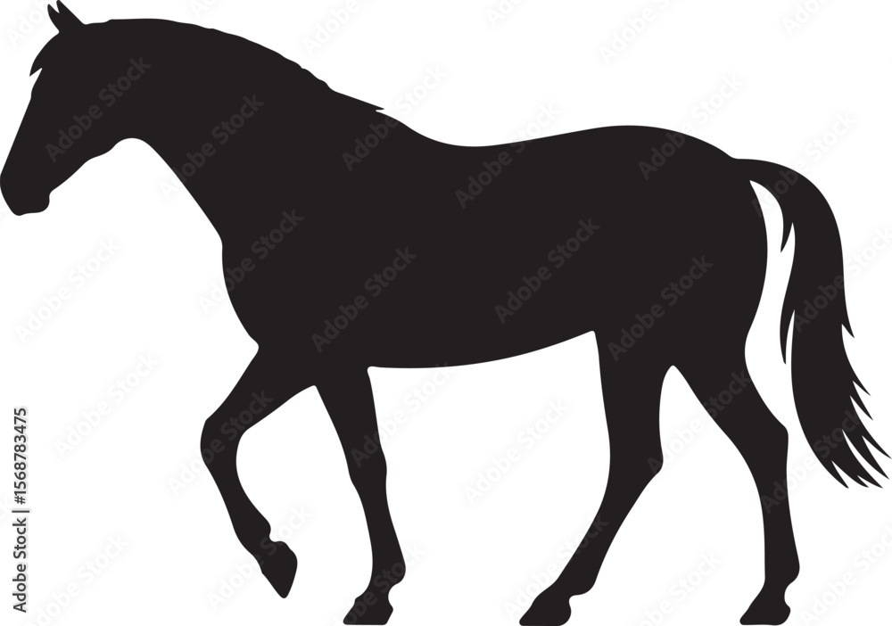Obraz premium Black Silhouette Vector Illustration of a Horse Walking Side Profile Traced Graphic Design Element