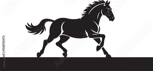 Black Silhouette Vector Illustration of a Horse in Motion Against a White Background with a Black Base