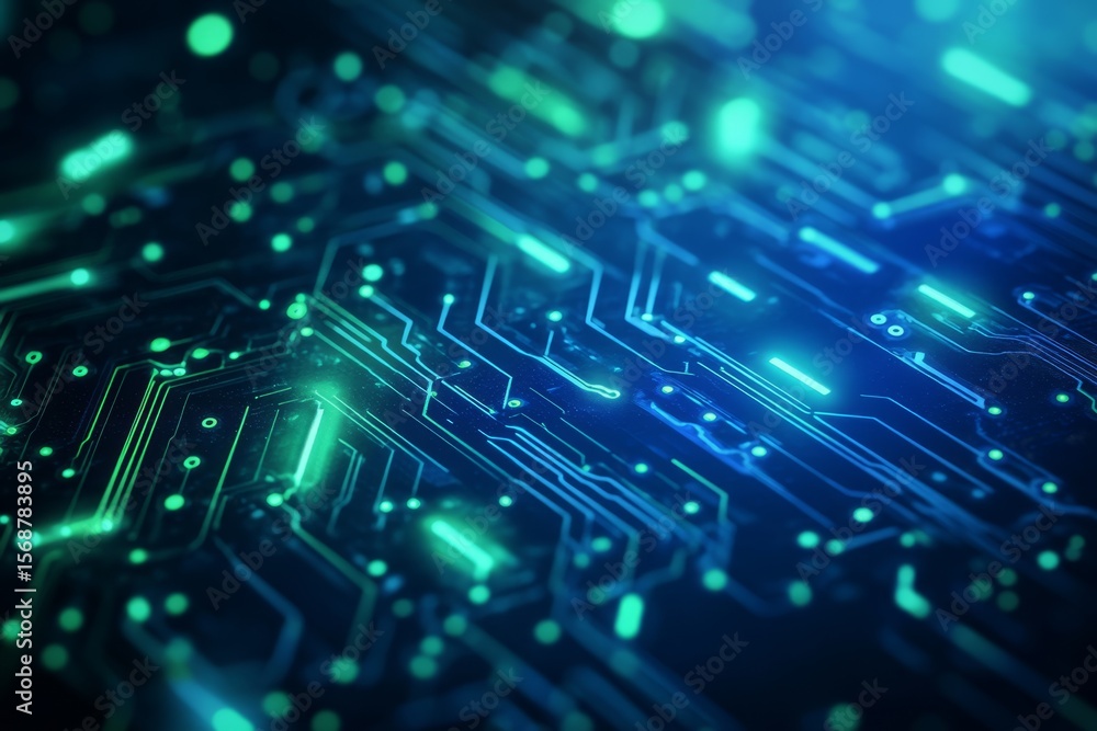 Close-up of glowing circuit board. Complex network of interconnected pathways. Abstract, high-tech design Close-up of glowing circuit board. Complex network of interconnected pathways. Abstract, high-tech design