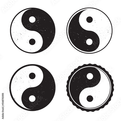 Collection of four yin yang symbols with vintage art texture