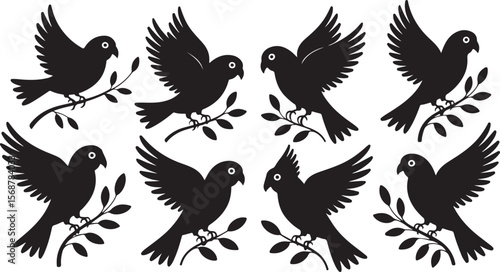 Eight Black Silhouette Birds Perched on Olive Branches Vector Graphic Illustration Set silhouettes