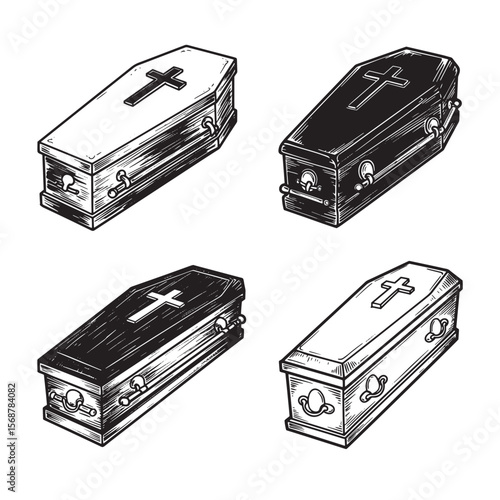 Collection of hand drawn coffins decorated with crosses in vintage art style