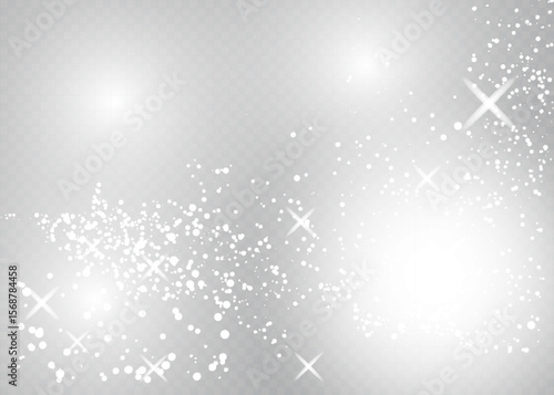 Dust white. White sparks and golden stars shine with special light. Vector sparkles on a transparent background. Christmas abstract pattern