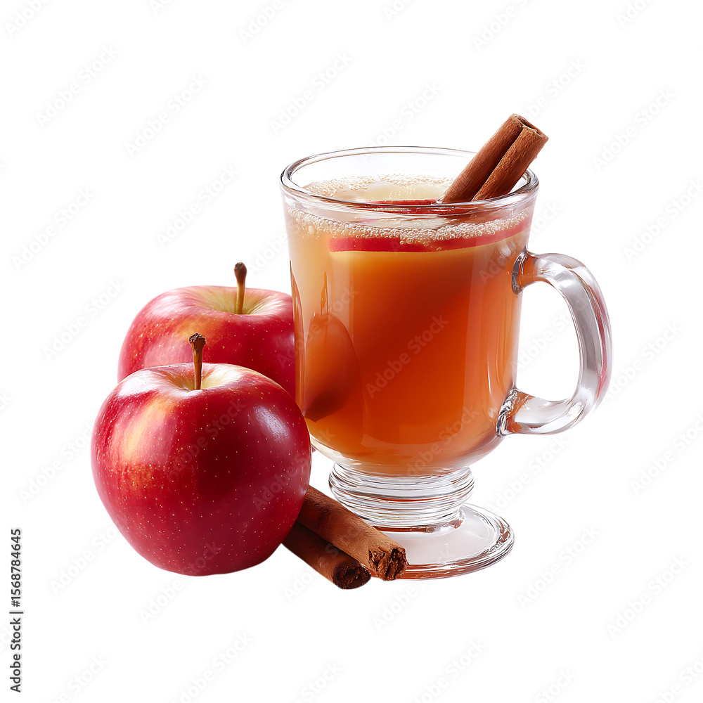 Warm apple cider in a glass mug with fresh red apples and cinnamon sticks isolated on transparent background Warm apple cider in a glass mug with fresh red apples and cinnamon sticks isolated on transparent background