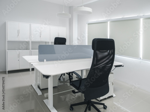 Quadro em tela Scene of minimal white clean new office interior room design, decoration with furniture, black ergonomic chairs and table partition, electric height adjustable desk with file and equipment cabinet