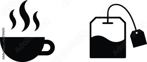 Steaming Tea Cup and Teabag Icons - Hot Beverage Black Silhouettes

