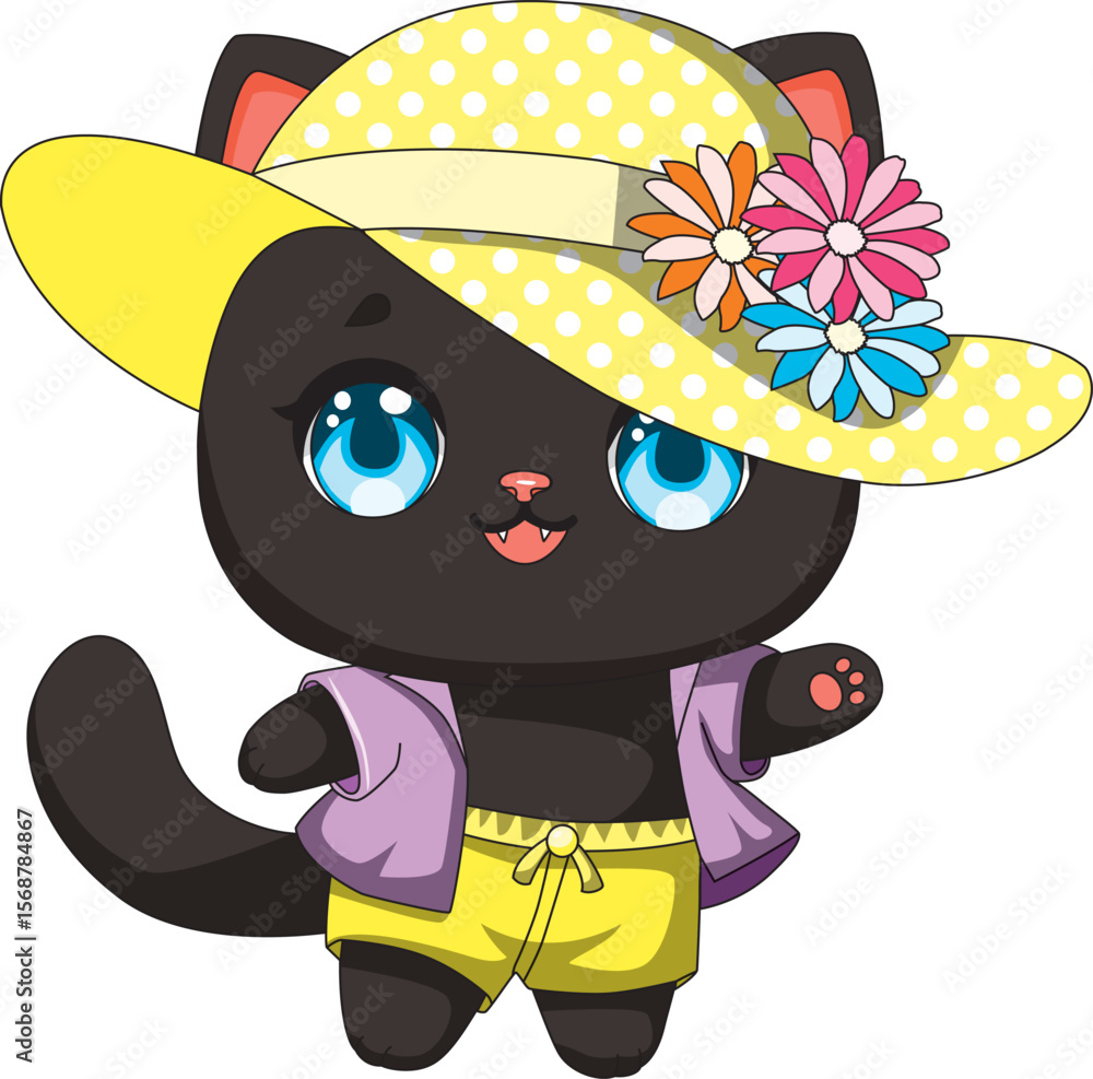 Obraz premium Cat In Summer Wear With Hat Kitten Mascot Vector