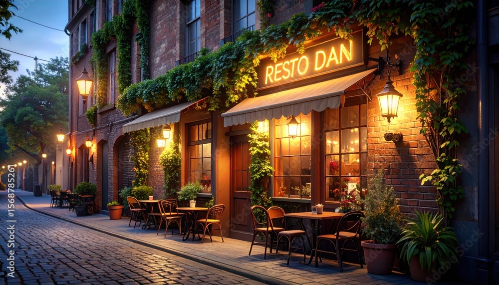 Obraz premium Charming Evening Restaurant Scene: Cobblestone Street, Warm Lighting, Ivy,