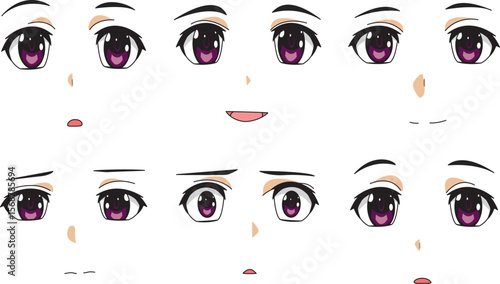 Anime Expressions Sheet Girl Front View Emotion Face Vector