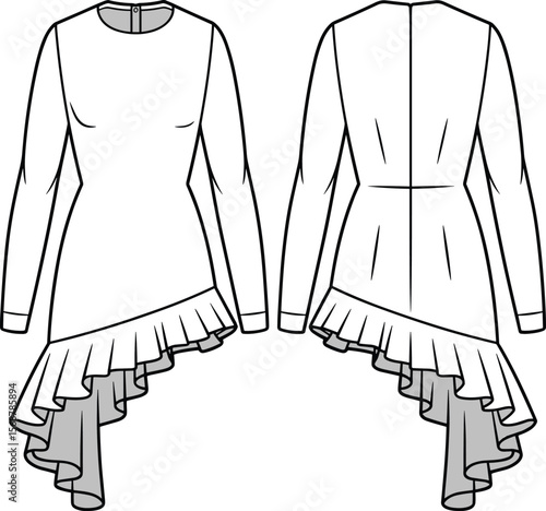 Women's long-sleeve asymmetrical ruffled hem dress CAD flat vector illustration, fashion design template, stylish apparel sketch.