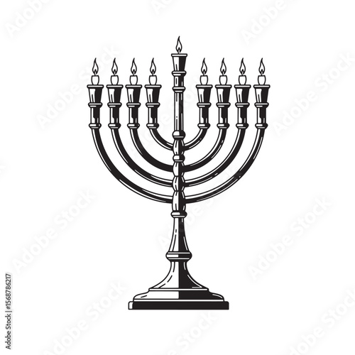 Hand drawn vintage art illustration of a menorah with lit candles celebrating hanukkah judaism religion