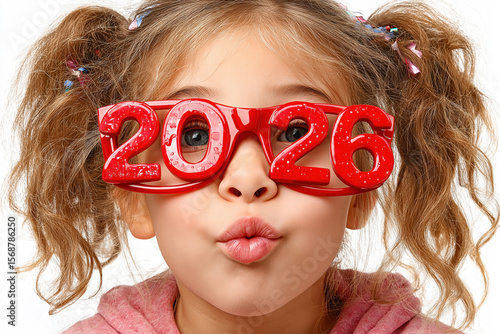 Little girl wearing 2026 new year glasses blowing a kiss