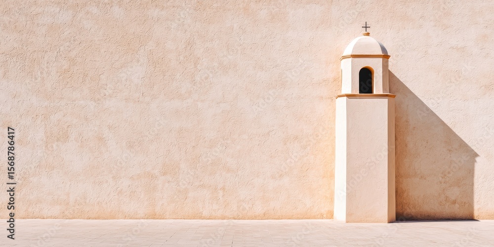 Fototapeta premium A small bell tower with a cross casts a shadow on a plain beige stucco wall under bright sunlight.