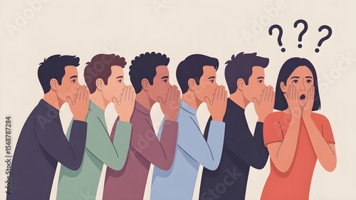 People whispering in a chain with the last person looking shocked, minimalist pastel style