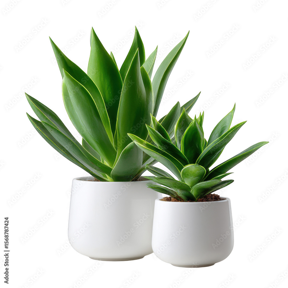 Obraz premium Two lush green succulent plants in white ceramic pots isolated on transparent background