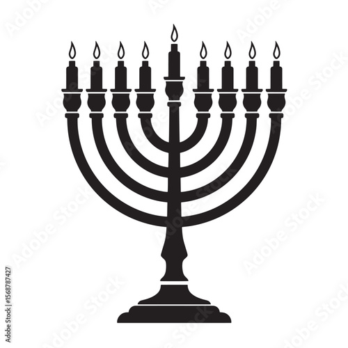 Simple black and white illustration of a classic hanukkah menorah with lit candles vintage art