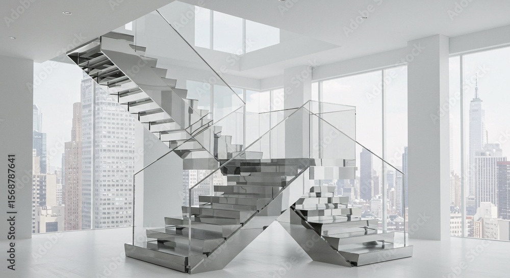 Fototapeta premium Interior of a modern building with unique staircase and cityscape view through windows