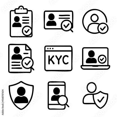 A set of doodle line icons representing KYC processes including identity verification, user authentication, document checks, and online approval