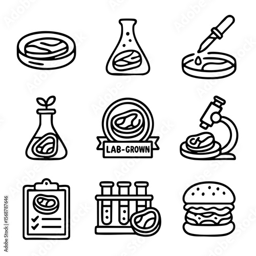 A set of doodle line icons illustrating lab-grown meat, cellular agriculture, test tube food, sustainability, and modern food innovation
