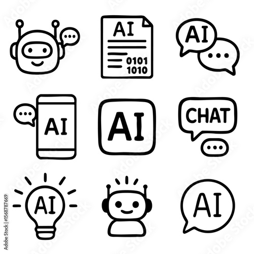 A set of doodle line icons featuring artificial intelligence, robots, chat, and technology communication elements for digital interfaces