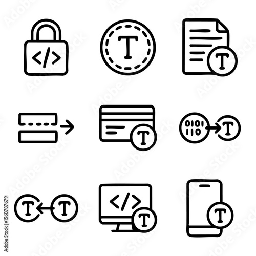 A set of doodle line icons showing tokenization concepts like data encryption, secure transactions, digital tokens, and protected information systems