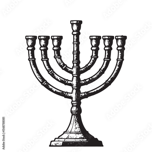 Vintage art illustration of a classic jewish menorah with seven branches in black and white