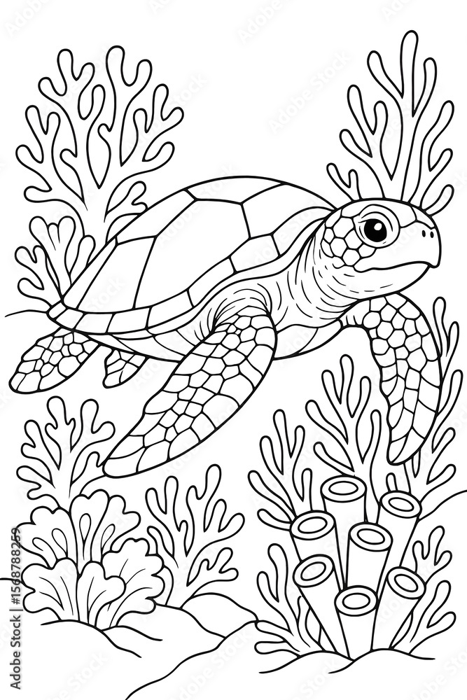 Fototapeta premium Coloring Book, Simple Sea Turtle Coloring Page Perfect for Relaxation and Creativity for Kids and Adults, Featuring Beautiful Coral and Underwater Elements