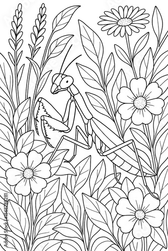 Wallpaper Mural Coloring Book, Intricate Line Art of a Camouflaged Praying Mantis in a Floral Garden Setting Ideal for Relaxation and Creativity Torontodigital.ca