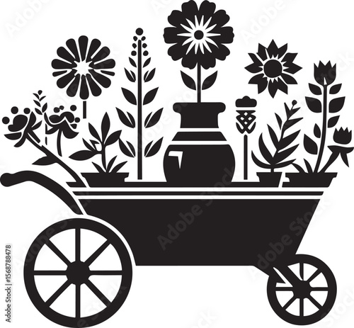 wheelbarrow with flowers, wheelbarrow logo garden cart flower silhouette vector black and white
